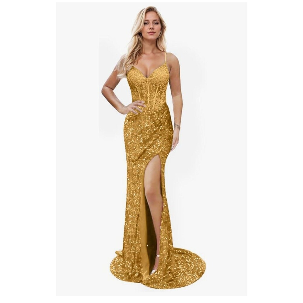 New Prom Special Occasion (0) Gold Velvet Embroidered & Sequin Corset Maxi Dress